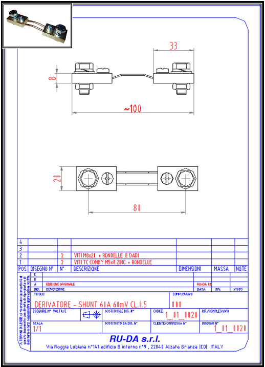 Shunt 60A 60mV Nebenwiderstand 60A 60mV Dérivateur 60A 60mV RU-DA SHUNT/ITALY